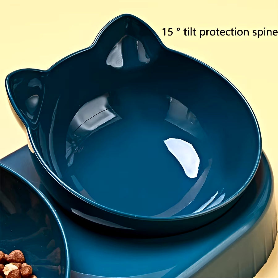 Pet Bowls with Water Feeder, 3 in 1 Ear Design Tilted Cat Water and Food Bowl Set with Gravity Water Bottle for Neck Protection